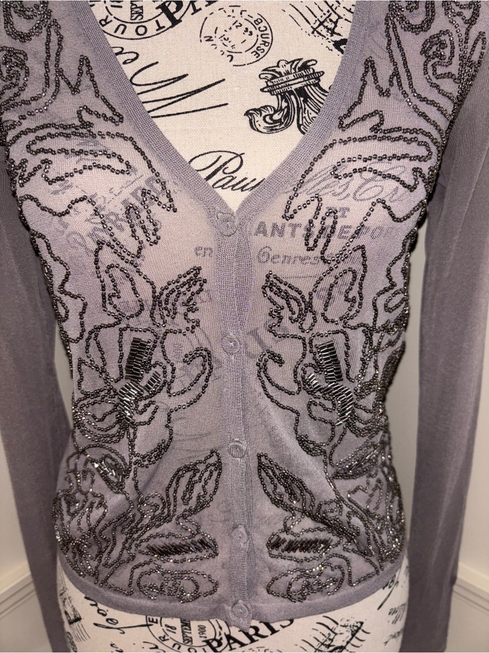 Zara's Women's Embellished V-Neck Cardigan Sweater - Gray
